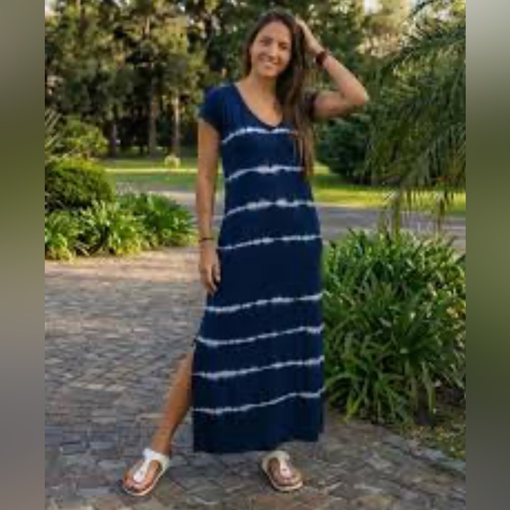 🇨🇦Sz XL CHARLIE B Navy and White Tie-Dye V Neck Short Sleeve Maxi Dress